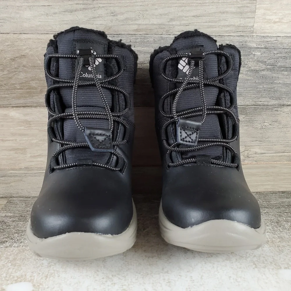 Columbia Moritza Boys Boot Sz 1 Black Leather Waterproof Round Toe Bungee Lacing